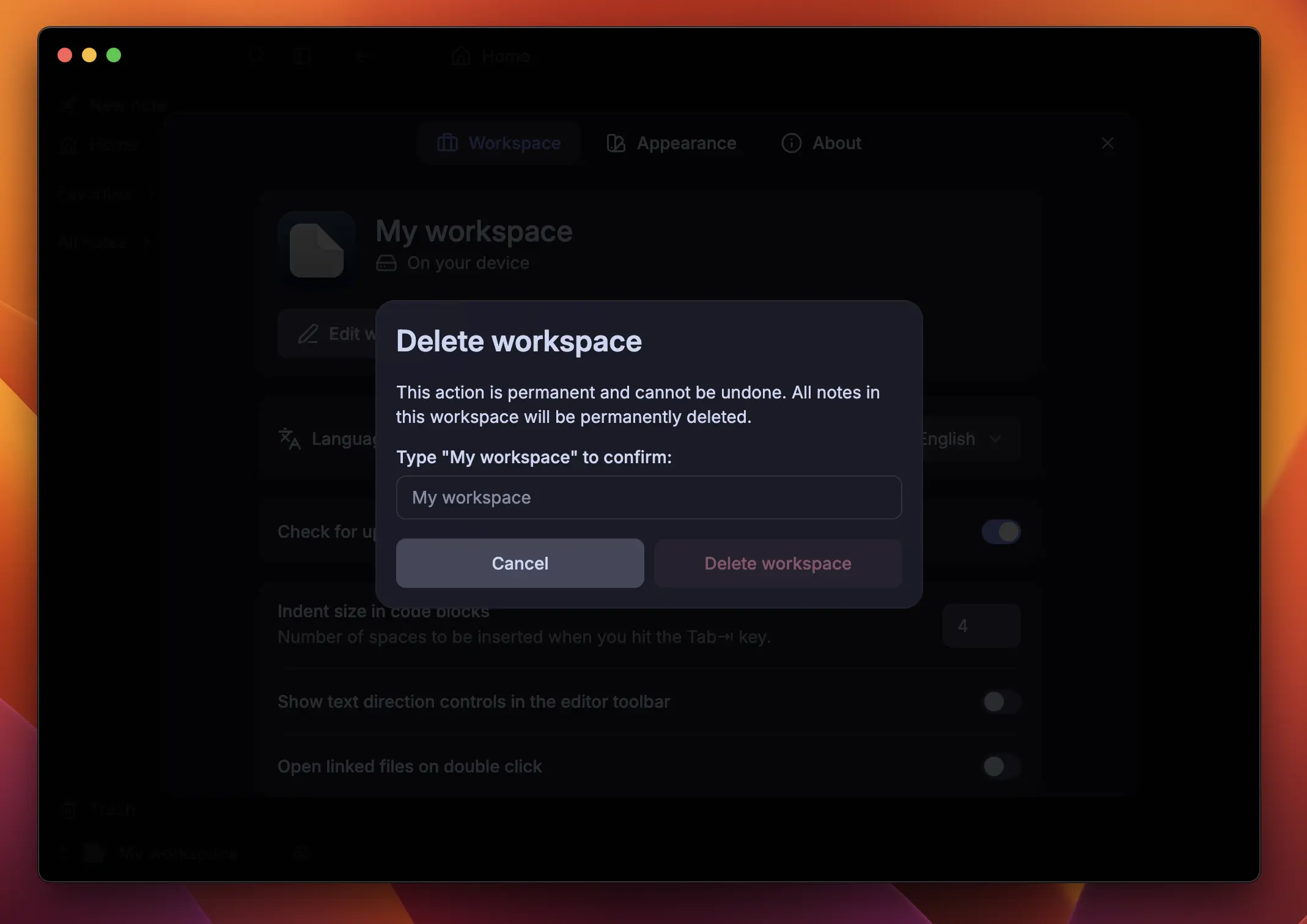 Edit workspace dialog